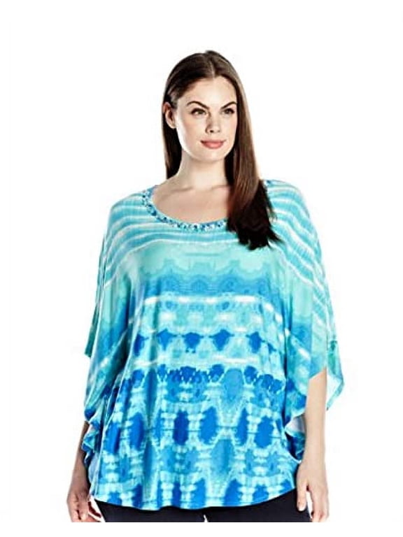 Women's Embellished Scoop Neck Reflective Tie Dye Boyder Print Butterfly Top, Aqua Blue/Multi, Medium