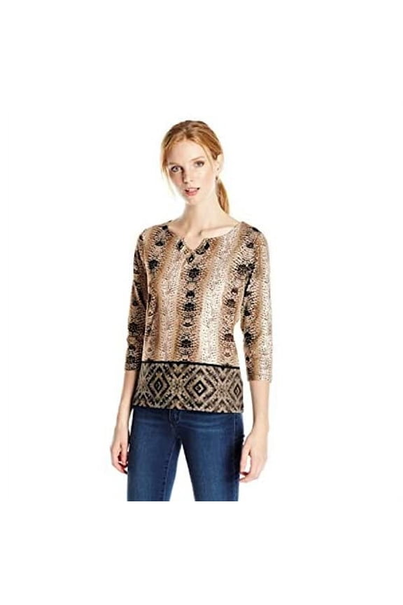 Ruby Rd. Women's Embellished Split-Neck Diamond Python Border Print Knit Top, Sable Multi, Large