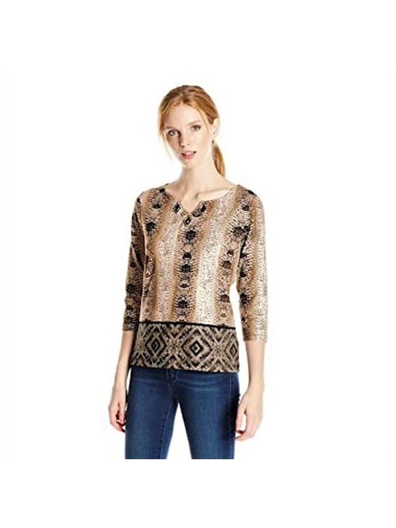 Ruby Rd. Women's Embellished Split-Neck Diamond Python Border Print Knit Top, Sable Multi, Large