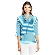 Ruby Rd. Women's Petite Cowl Neck Silky French Terry Pullover, Pacific/White, PM