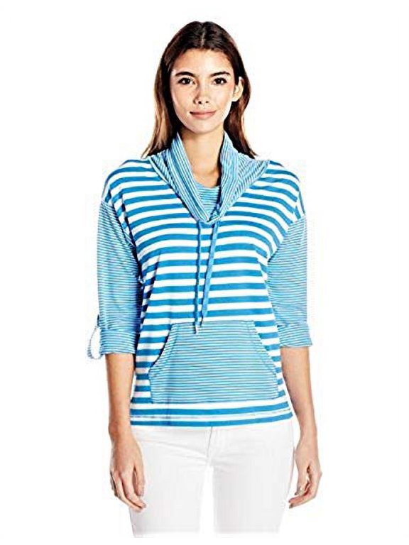 Women's Petite Cowl Neck Silky French Terry Pullover, Pacific/White, PM