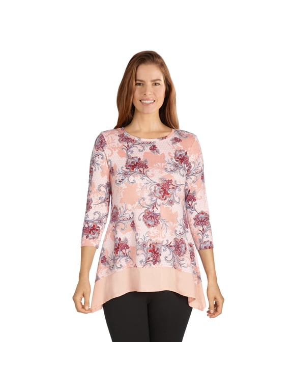 Women's Plus-Size Floral Printed Hacci Handkerchief Top Size 3X Dusty Pink Multi