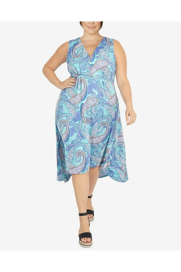 Women's Sleeveless Puff Paisley Dress Aqua Multi Plus Size 3X