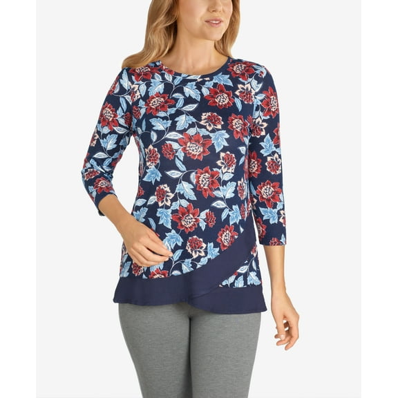 Ruby Rd. Womens Harvest Floral Printed Petal Wrap Top Navy Multi S