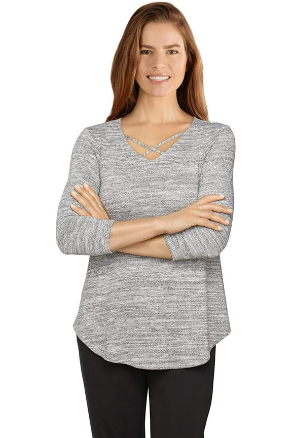 Womens Marled Metallic Hatchi Crisscross Top Silver Medium