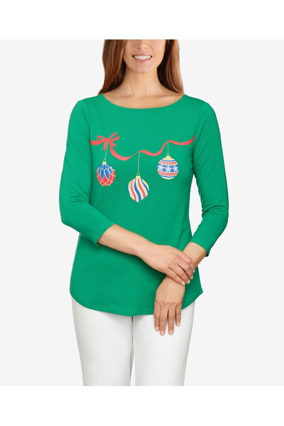 Womens Misses Festive Ornament Top Holly Multi M