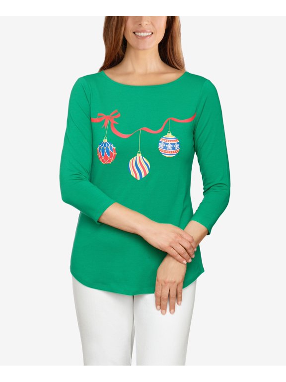 Womens Misses Festive Ornament Top Holly Multi M