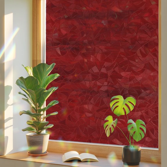 Ruby Red Abstract Texture Window Privacy Film, Vintage Distressed Graffiti Art Static Cling Stained Glass Window Sticker Decorative Removable Rainbow Film for Glass 17.7”x39.3”