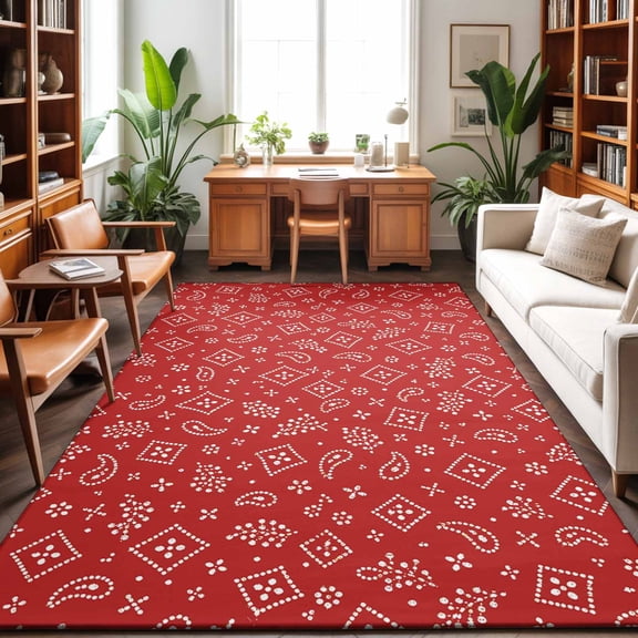 Ruby Red Bandana 2.7'x5' Rug for Office Desk Chair Area Small Bedroom, Rustic Southwestern Minimalist Farmhouse Flower Washable Non Slip Rectangle Area Rug
