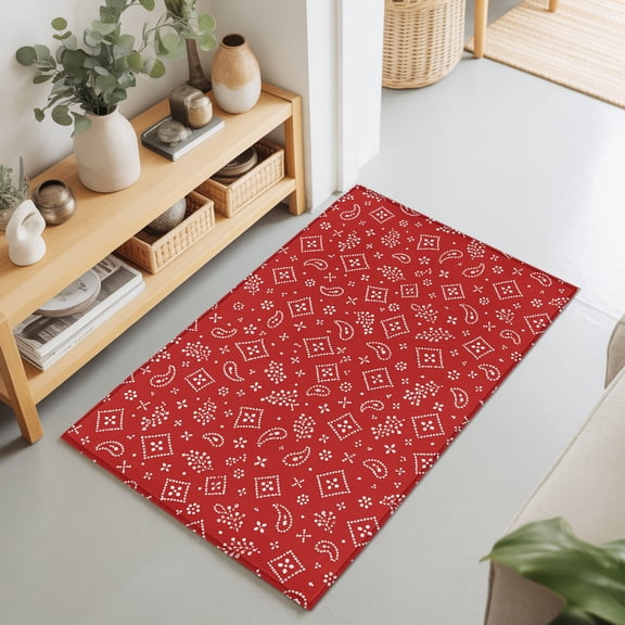 Ruby Red Bandana 2'x3' Rug for Entryway Front Door Kitchen Sink Area, Rustic Southwestern Minimalist Farmhouse Flower Low Pile Washable Non Slip Rectangle Area Rug