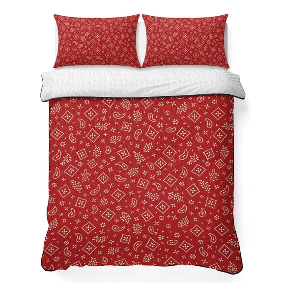 Ruby Red Bandana 3 Piece Quilt Bedding Set with 2 Pillow Shams, Rustic Southwestern Minimalist Farmhouse Flower Lightweight Bedspread Coverlet, Soft Breathable All Season Quilt, 96 x 106 Inch