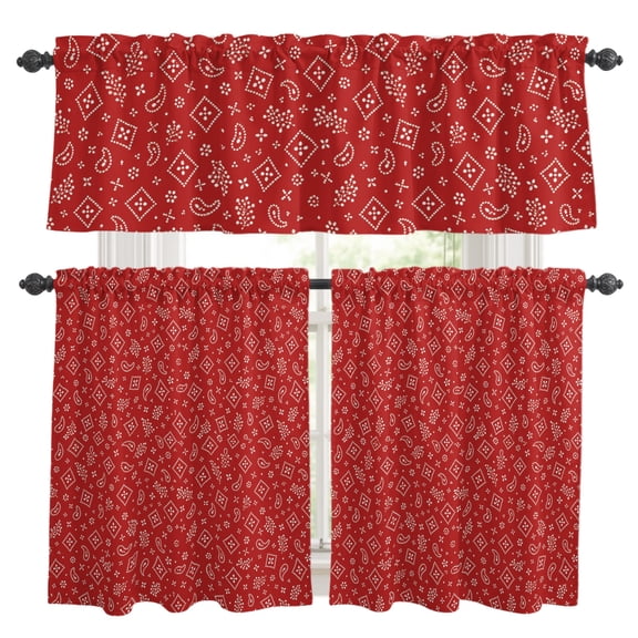 Ruby Red Bandana Kitchen Curtains Set for Windows, Rustic Southwestern Minimalist Farmhouse Flower Curtains Valance and Tier 3 Piece Set Small Drapes 36 Inch Length for Kitchen Bedroom Decor