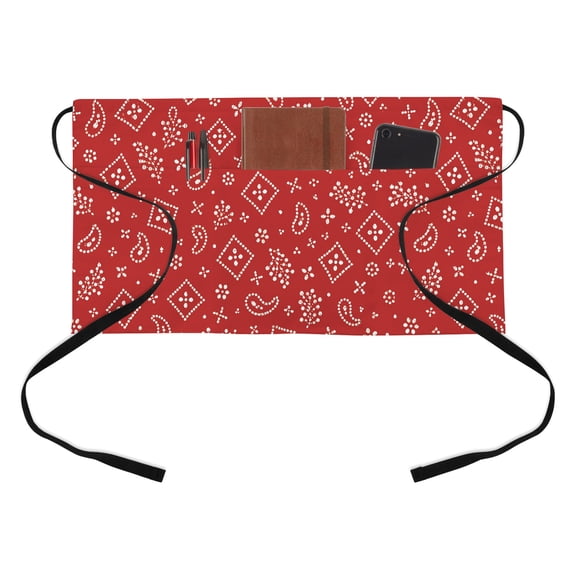 Ruby Red Bandana Kitchen Restaurant Half Waist Apron, Rustic Southwestern Minimalist Farmhouse Flower Server Short Apron with 3 Pockets Waterproof Oil Waist Aprons for Women Waitress Waiter