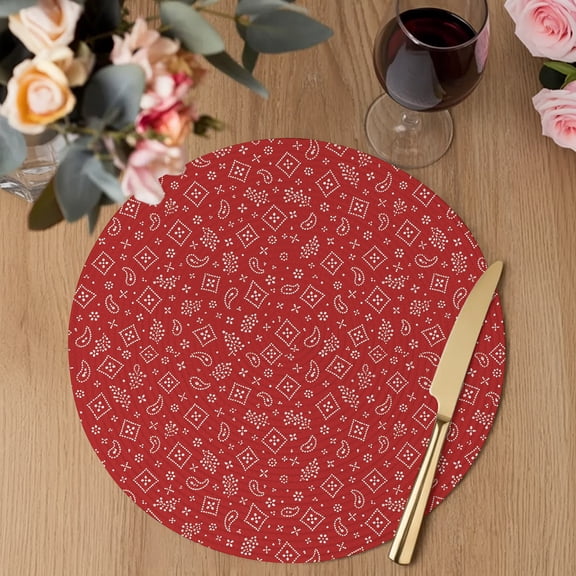 Ruby Red Bandana Round Braided Placemats Set of 1, Rustic Southwestern Minimalist Farmhouse Flower Heat Insulation Place Mats Washable Non-Slip Table Mats for Kitchen Dining Party, 13 Inches