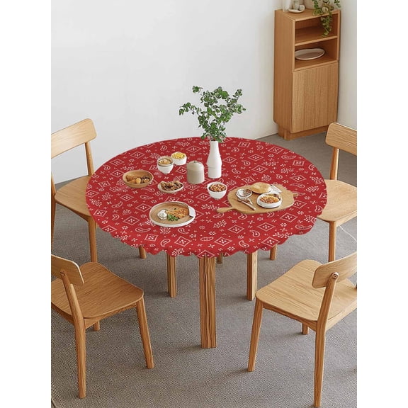 Ruby Red Bandana Round Fitted Tablecloth with Elastic Edge, Rustic Southwestern Minimalist Farmhouse Flower Waterproof Stretch Table Covers for 36"-44" Tables Wipeable Table Cloth for Outdoor