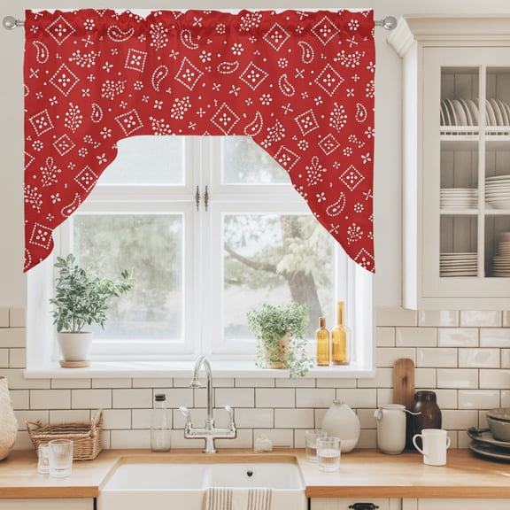 Ruby Red Bandana Swag Curtain Valance for Windows, Rustic Southwestern Minimalist Farmhouse Flower Swag Curtains Drapes Rod Pocket for Kitchen Bathroom Small Window, 1 Panel 56x36in