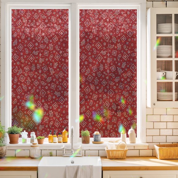Ruby Red Bandana Window Privacy Film Rustic Southwestern Minimalist Farmhouse Flower Static Cling Stained Glass Window Film Non-Adhesive Decorative Decals Rainbow Sticker 17.7"X39.3"