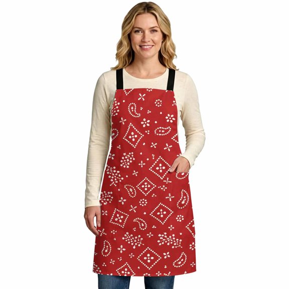 Ruby Red Bandana X-Shaped Back Kitchen Apron Rustic Southwestern Minimalist Farmhouse Flower Adjustable Chef Cooking Apron with 2 Pockets for Men Women Machine Washable, 35x47in