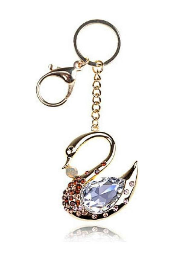 Ruby Red Clear Golden Swan Bird Lake Love Crystal Rhinestone Keychain