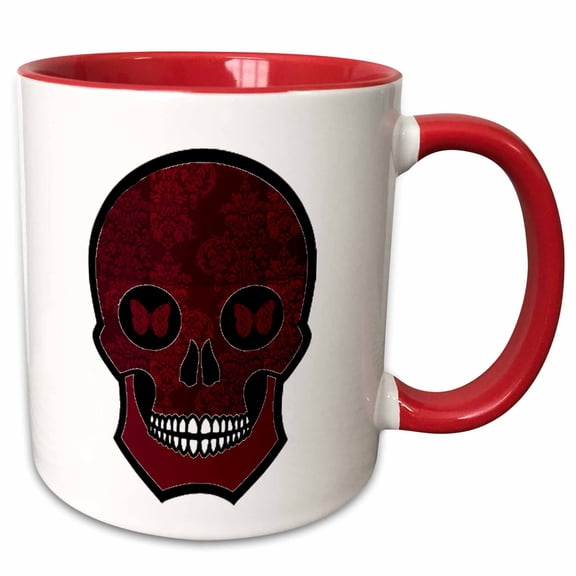 3drose, Ruby Red Damask Skull, 11oz Two-tone Red Mug