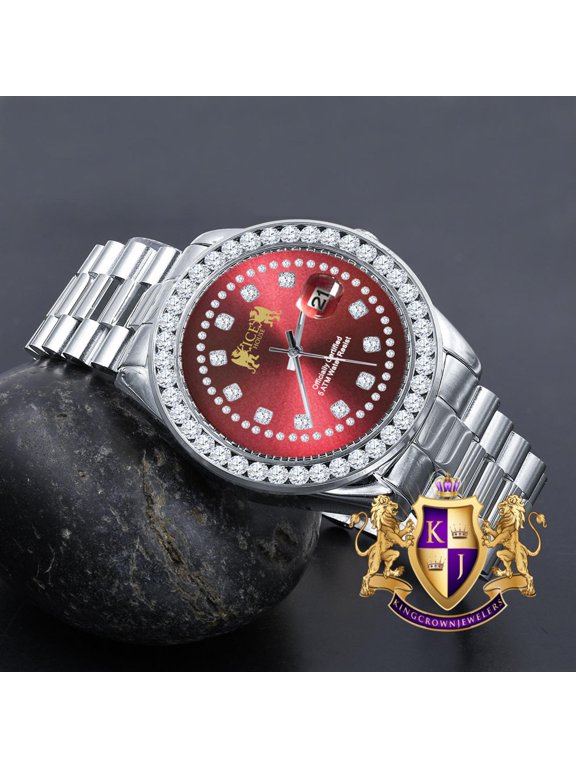 Ruby Red Dial Full Solid stainless Steel Solitaire 18K Yellow Gold Finish Simulated Diamond 41mm Mens Watch