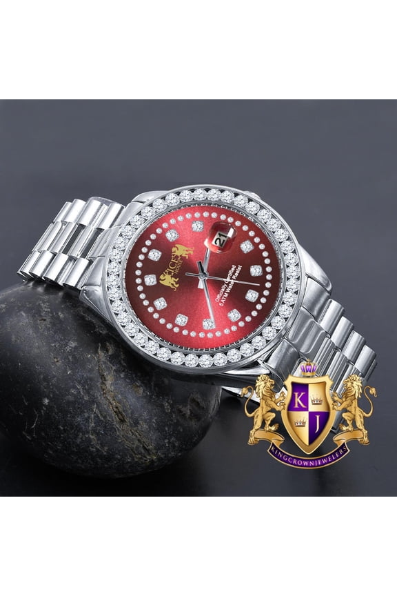 Ruby Red Dial Full Solid stainless Steel Solitaire 18K Yellow Gold Finish Simulated Diamond 41mm Mens Watch