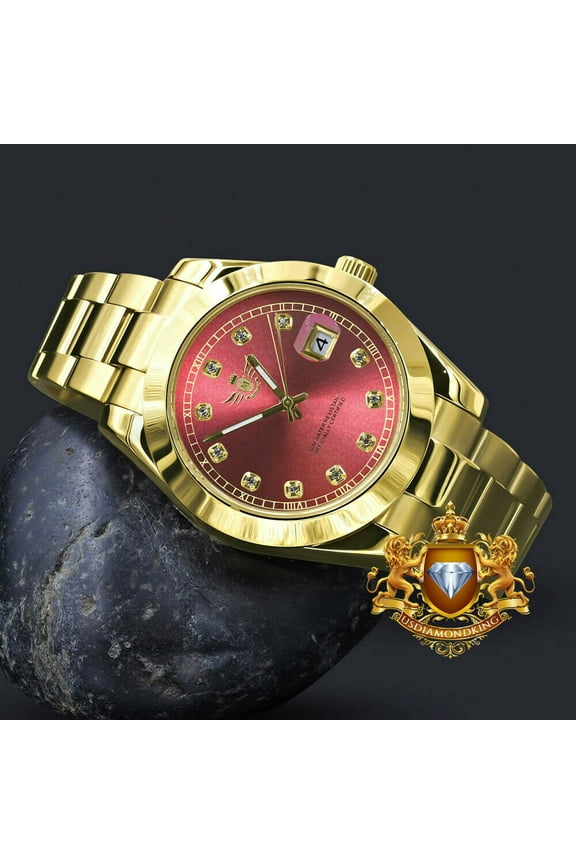 Ruby Red Dial Full Steel 18K Gold Tone Simulated Diamond 40mm Men's Watch W/Date