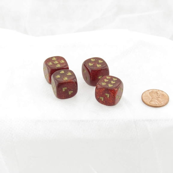 Ruby Red Glitter Dice with Gold Colored Hearts D6 16mm (5/8in) Pack of 4 Wondertrail