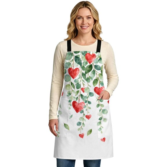 Ruby Red Hearts X-Shaped Back Kitchen Apron Green Eucalyptus Leaves Vine Tendrils Farmhouse Adjustable Chef Cooking Apron with 2 Pockets for Men Women Machine Washable, 35x47in
