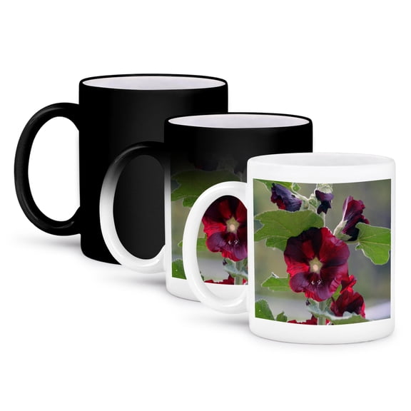 3dRose, Ruby Red Hollyhock Flowers, 11oz Magic Transforming Mug
