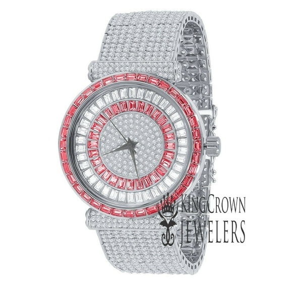 Ruby Red Mens 18K White Gold Finish Baguette Simulated Diamond Jo Rodeo 10 Row Custom Band Bezel Watch