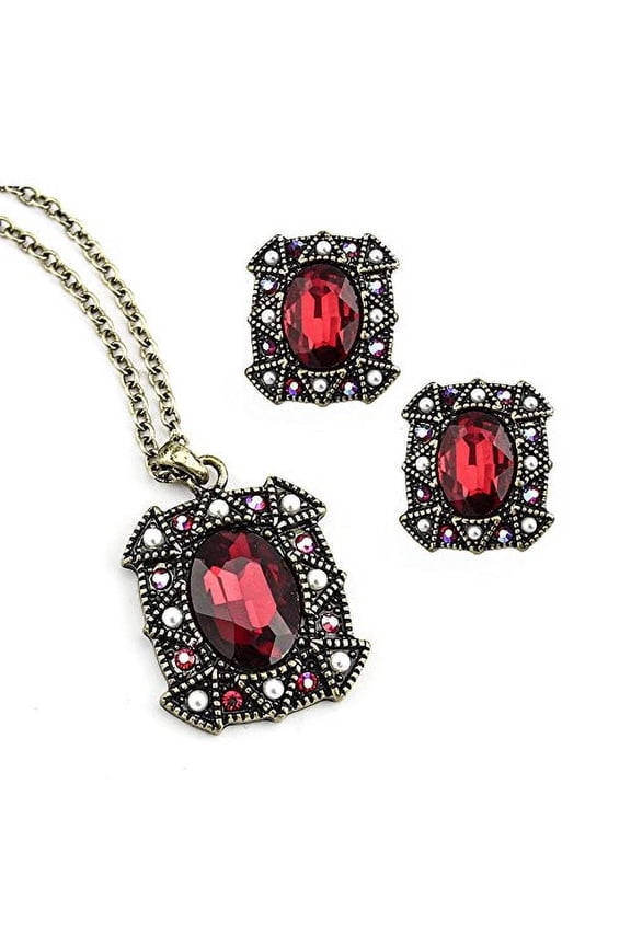 Vintage Style Ruby Red Crystal Necklace and Earring Set with Pearl Accents Jewelry Necklace Earring Silver