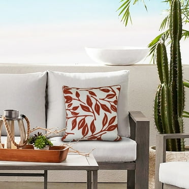 Ruby Red Outdoor Printed Leaves Pillow 18 x 18 in Red Ivory