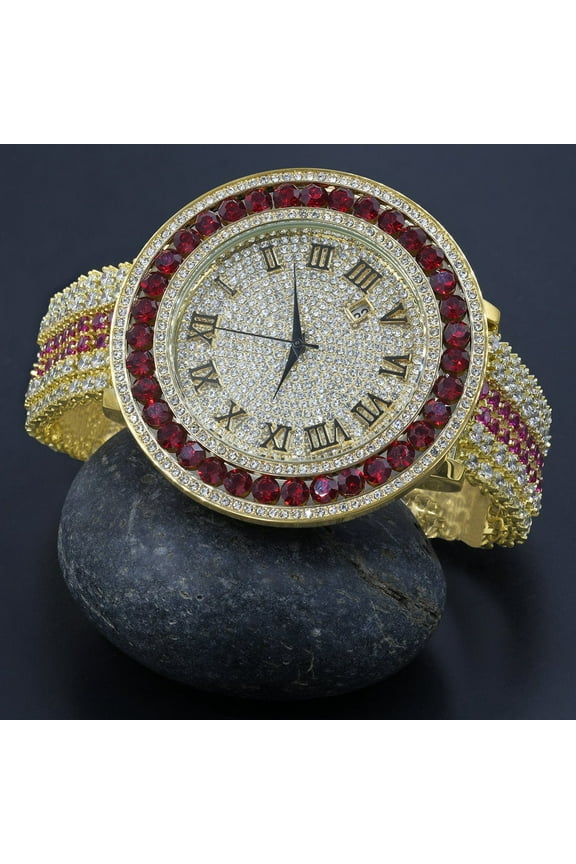 Ruby Red Roman Numeral Dial Big Face Simulated Diamond Gold Tone Mens Jo Rodeo Adjustable Size Band Custom Watch