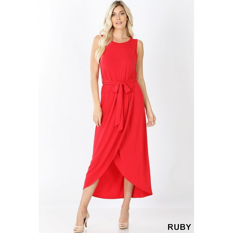 Ruby Red Tulip Dress Belted Sleeveless - Hi-Low Maxi Red Ruby Red Tulip Dress Belted Sleeveless - Hi-Low Maxi Red