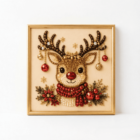 Christmas Diamond Painting, Ruby Reindeer Drill Bead Mosaic Set with Golden Picture Frame Durable Material Holiday Diy Decor for Wall Tabletop Family Craft