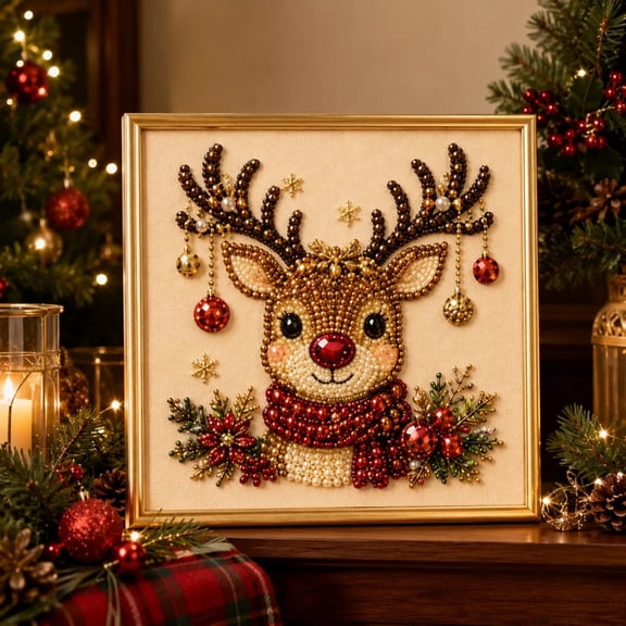 Ruby Reindeer Christmas Reindeer Pearl Diamond Art Kit,Complete Set for Handmade Festive Decor