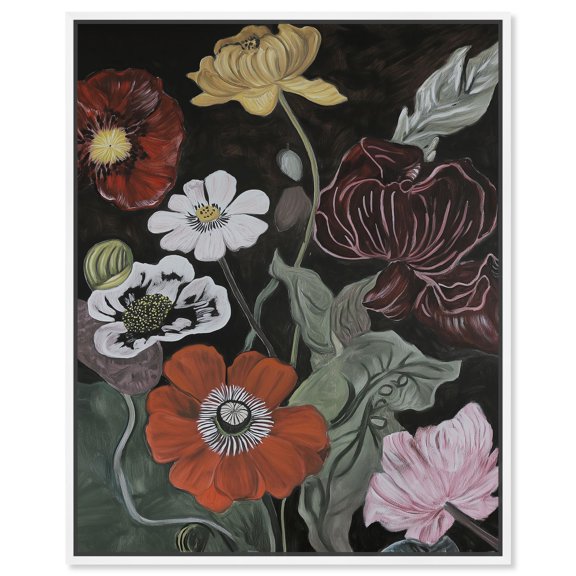 Ruby Revelry Canvas Dark Elegant Florals by Art Remedy, White Frame, 30 x 36