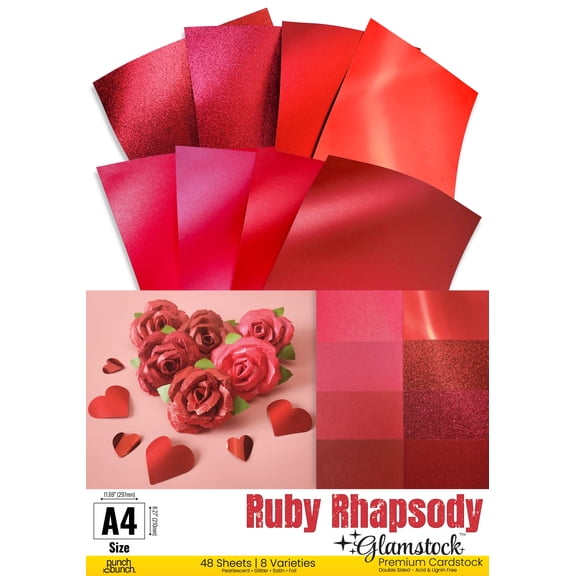 Ruby Rhapsody Glamstock Premium Red Cardstock Book featuring Pearlescent, Satin, Foil & Glitter Papers, 48 Pages, A4 Size, for Scrapbooking, Crafts & Invitations