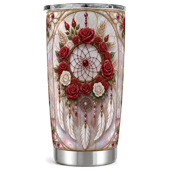 Ruby Rose Dreamcatcher Tumbler, Boho Feather Tumbler 20 oz, Stainless Steel