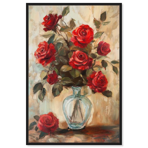 Ruby Roses in Riad Glass Canvas Romantic Floral Art by Art Remedy, Black Frame, 24 x 36