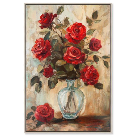 Ruby Roses in Riad Glass Canvas Romantic Floral Art by Art Remedy, Silver Frame, 36 x 54