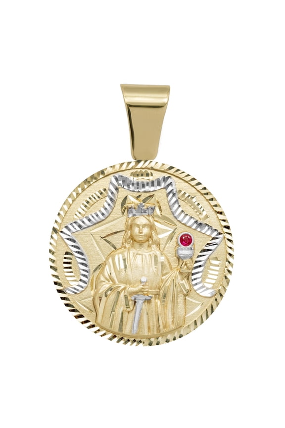 Ruby Saint Barbara Medallion Unisex Adult Pendant Solid 10K Yellow Gold, All Sizes - Goldum NYC
