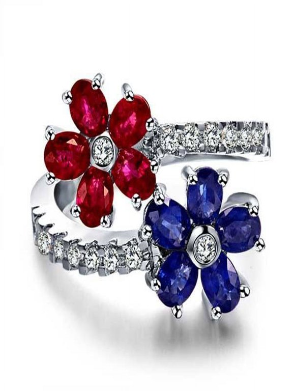 Ruby, Sapphire And Diamond Moissanite Engagement Ring On 10K White Gold, Promise Ring, Anniversary Ring