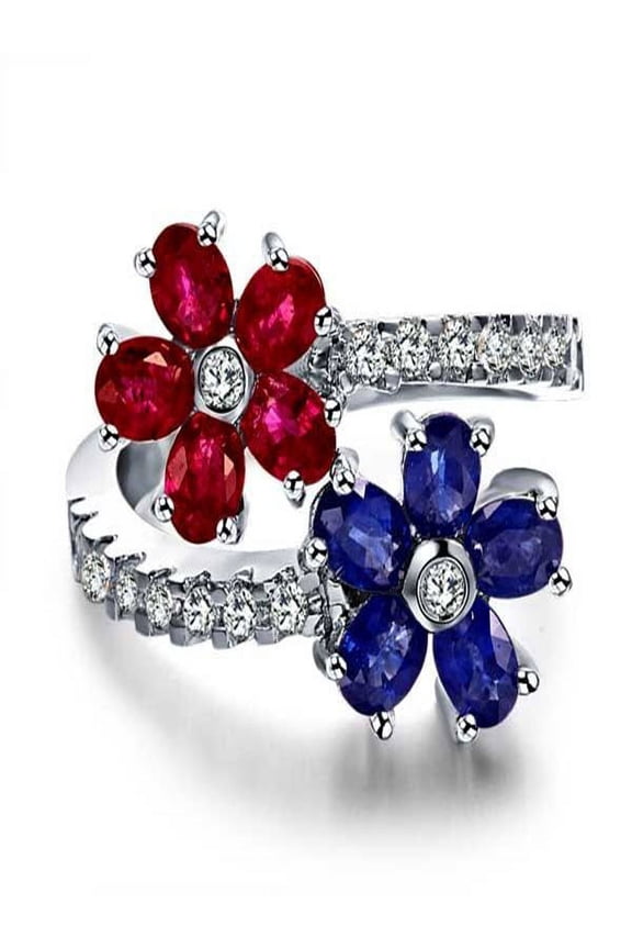 Ruby, Sapphire and Diamond Moissanite Engagement Ring on 10k White Gold