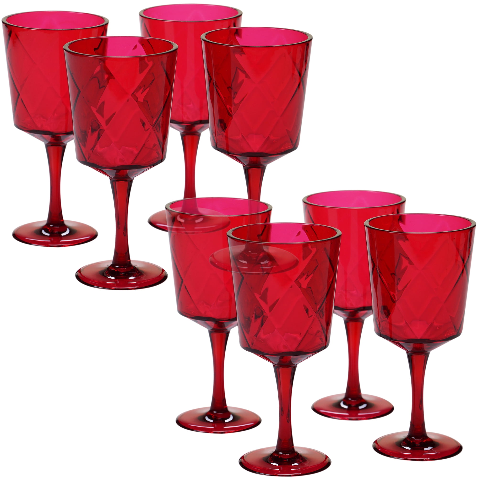 Ruby Red Acrylic Diamond Pattern Goblet Glass Set of 8