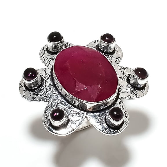 Ruby(Simulated) Amethyst Gemstone 925 Sterling Silver Ring Size 10