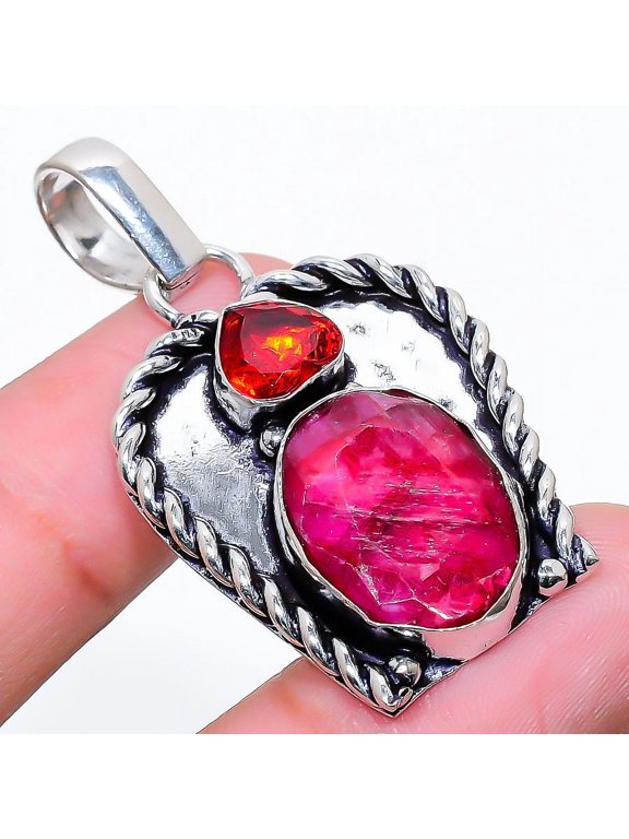 Ruby(Simulated) Garnet Gemstone 925 Sterling Silver Jewelry Pendant 1.85"