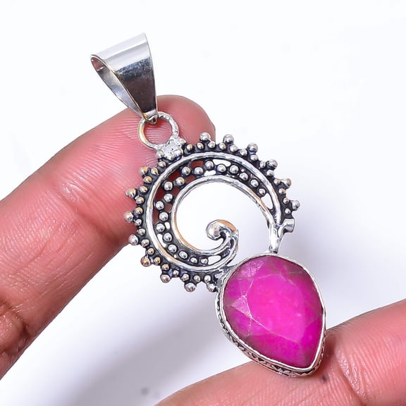 Ruby (Simulated) Gemstone 925 Sterling Silver Handmade Pendant 2.22" P172