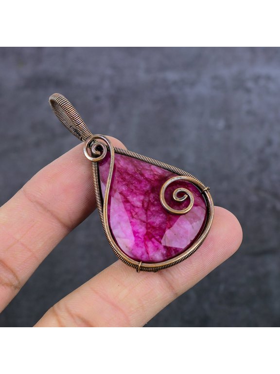 Ruby(Simulated) Gemstone Copper Wire Wrap Jewelry Pendant 2.52"